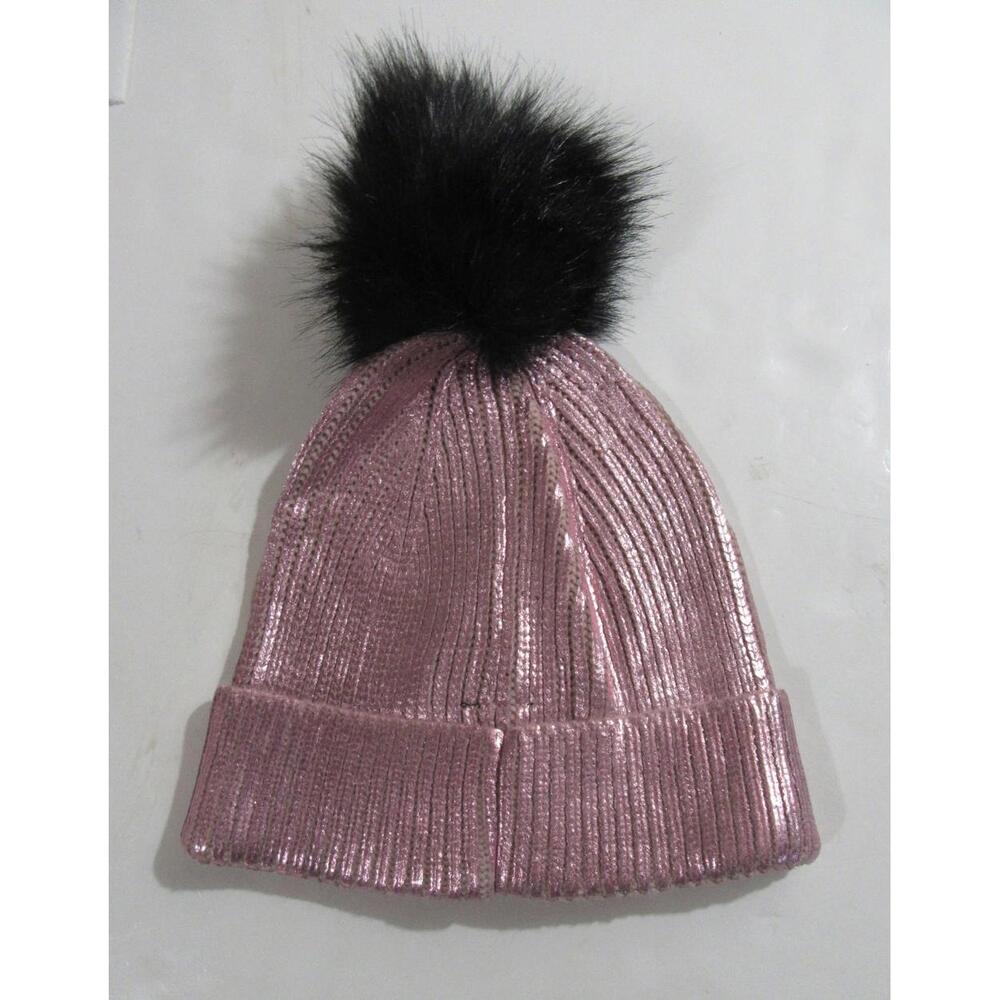 Steve Madden Womens Shiny Beanie Hat with Pom Blush Pink Bling NWT